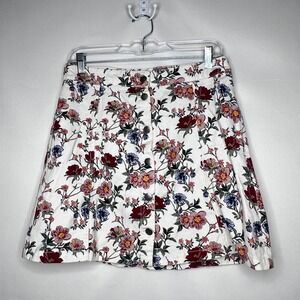 Cottage Floral Denim Mini Skirt Size 12 White Pink Blue Button Front Garden